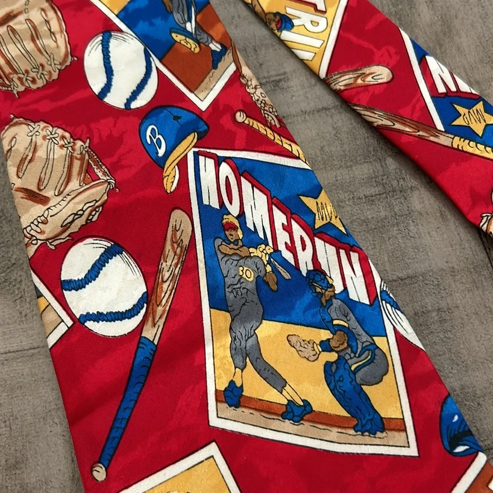 Mens Baseball Themed Tie Vintage Look Graphic Images & Words Glove Bat Run Bunt